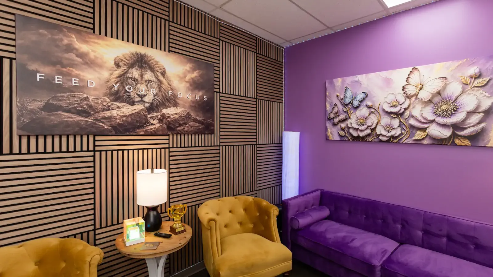 A calm, comfortable counseling room with soft seating