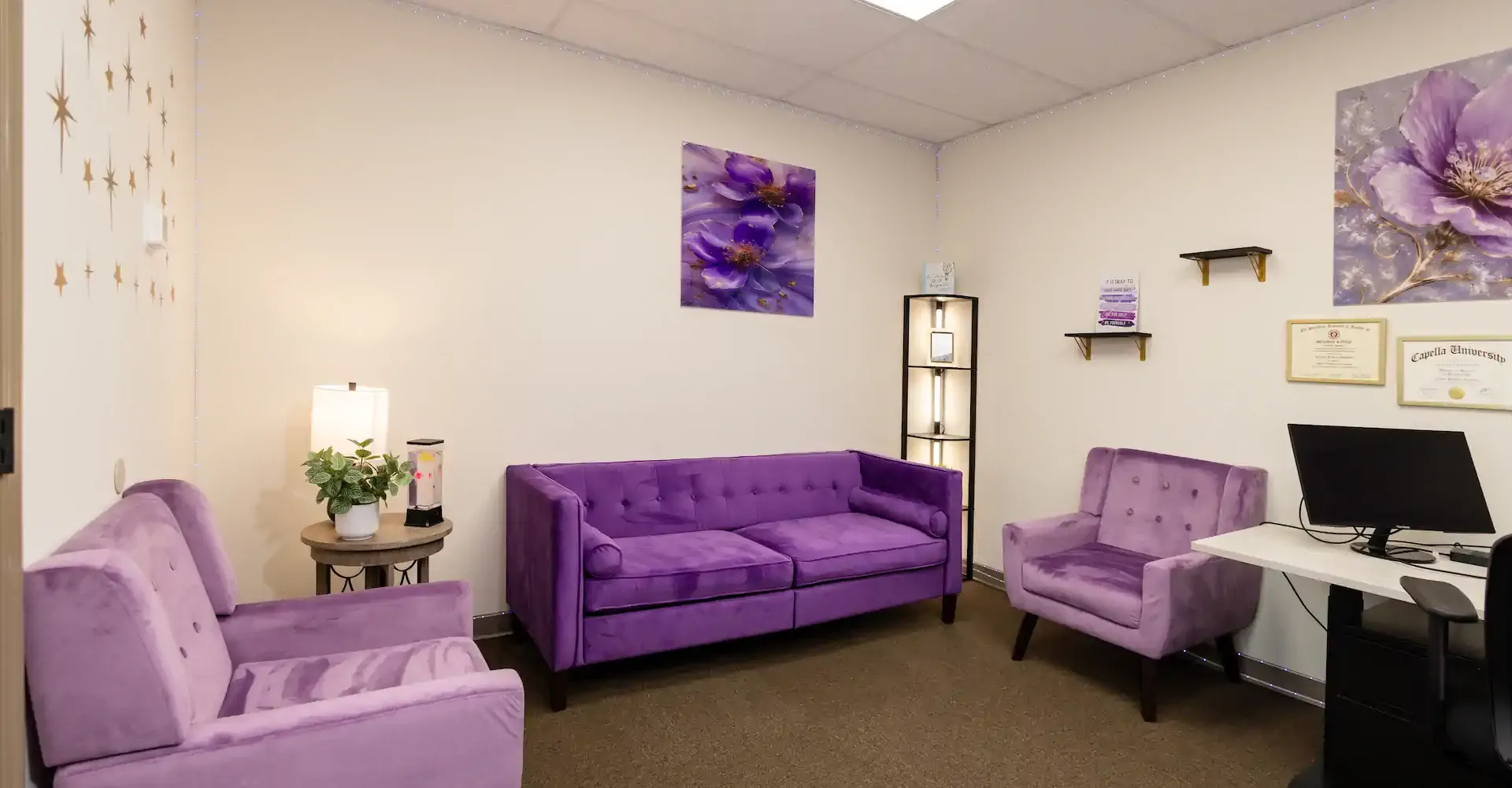 A bright, welcoming counseling room at Sky's the Limit Counseling in Columbia, MO